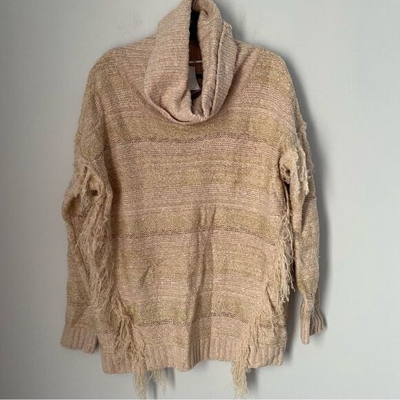Kensie Women’s Fringe Detail Thick Knit Cowl Neck Cream Color Sweater size L - Picture 1 of 3